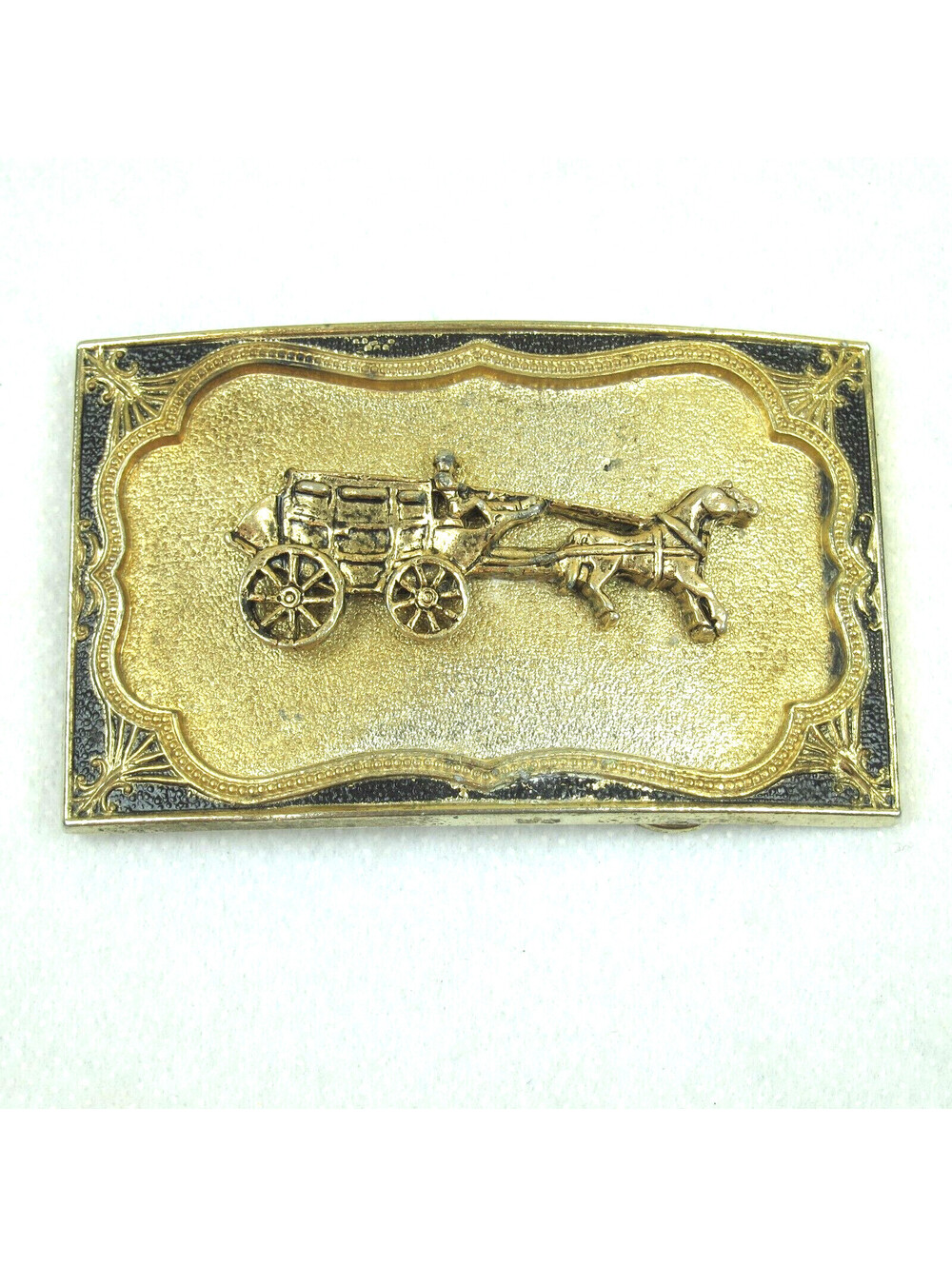 Vintage Western Style Stagecoach Horse & Driver Belt Buckle Gold Tone Metal RARE